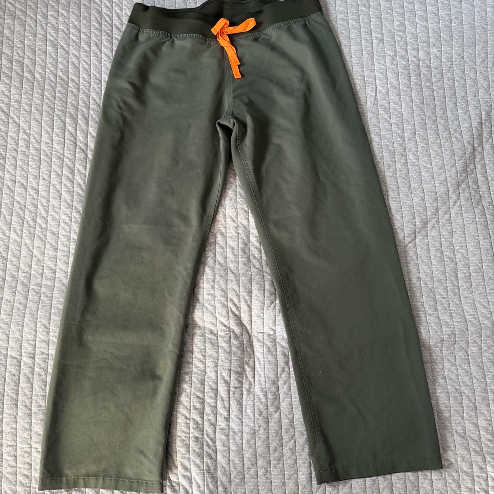Figs Olive Green Straight Leg Scrub Pants with Orange Drawstring
